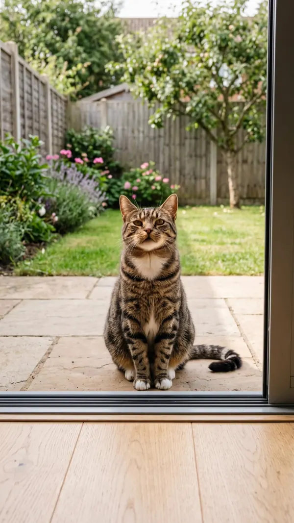 Sits and meows