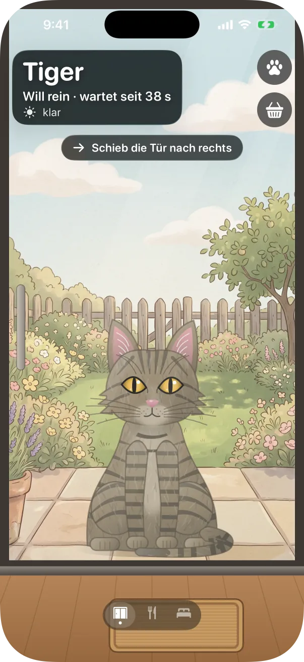 Der Illustrations-Look: ein gezeichneter Tigerkater vor der Tür eines Bilderbuchgartens