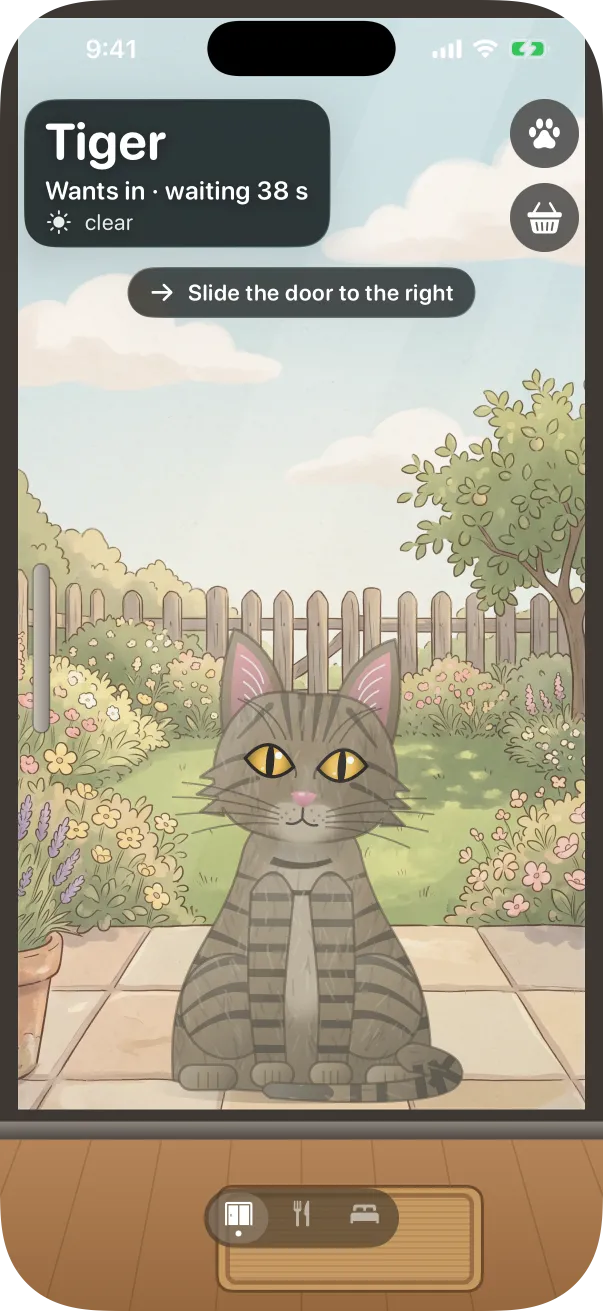 The illustrated look: a drawn tabby cat outside the door of a storybook garden