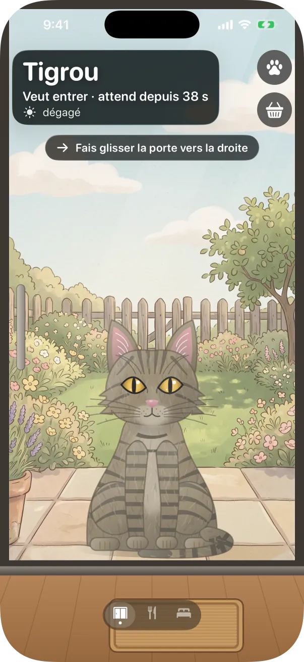 Le style Illustration : un chat tigré dessiné devant la porte d’un jardin de livre d’images