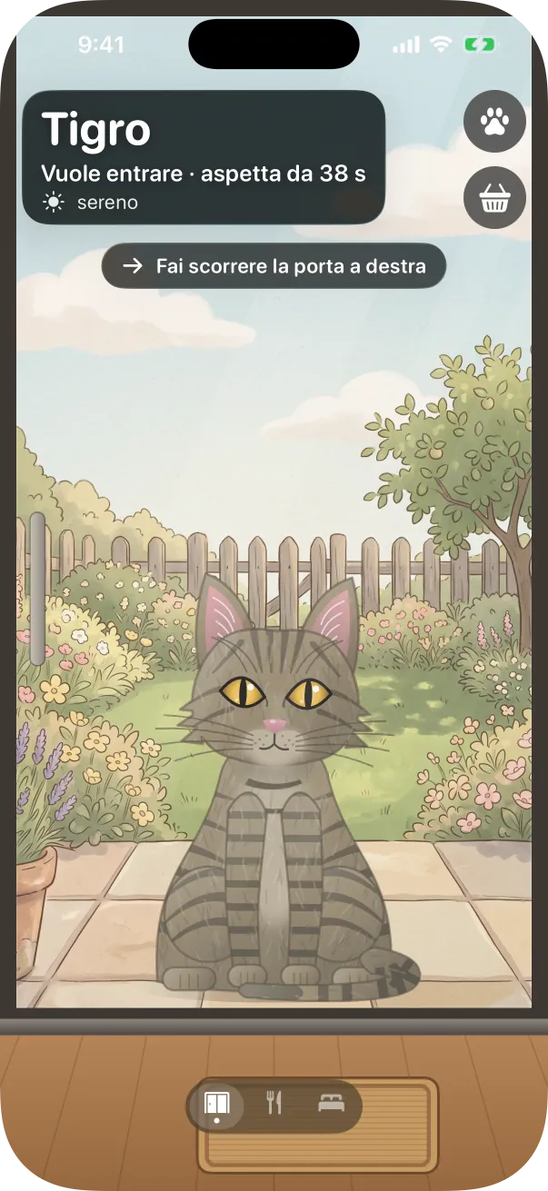 Lo stile Illustrazione: un gatto tigrato disegnato davanti alla porta di un giardino da libro illustrato