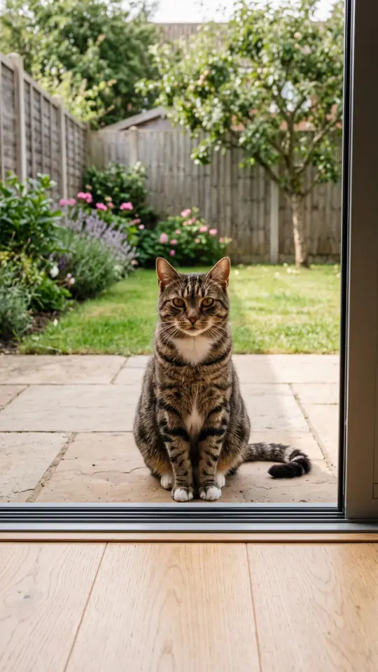 A tabby cat outside a glass garden door meows, scratches at the glass and drums on it with both paws